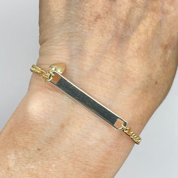 EMILY 10K Gold Plated ID Bracelet Heart Charm Pink Crystal Figaro Chain 6 1/4 - Picture 6 of 7